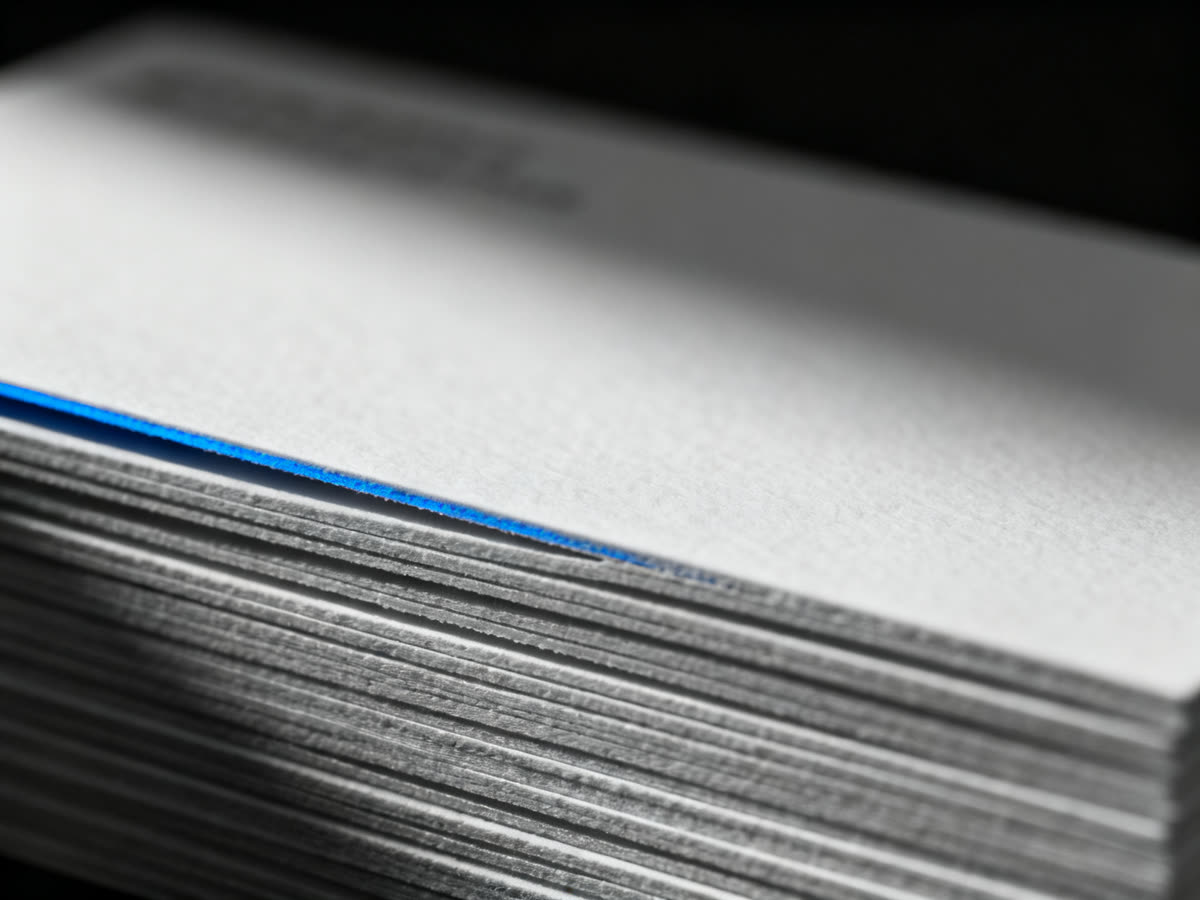 A stack of thick business cards with a colored edge, up close