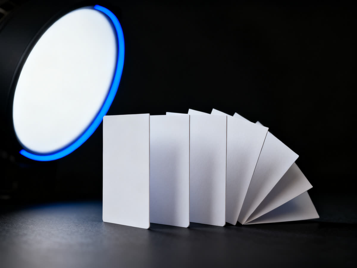 Printed business cards fanned in an array