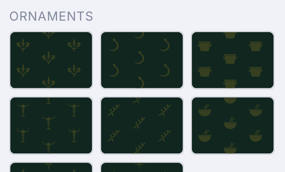 A grid of gold-on-green background pattern swatches in the Add panel
