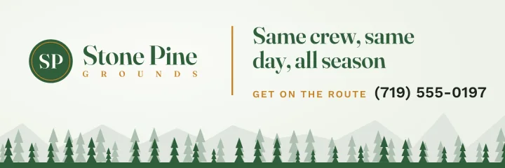 Stone Pine Grounds' 9 by 3 foot banner: their mark and name, their tagline and phone number, over a row of pines.