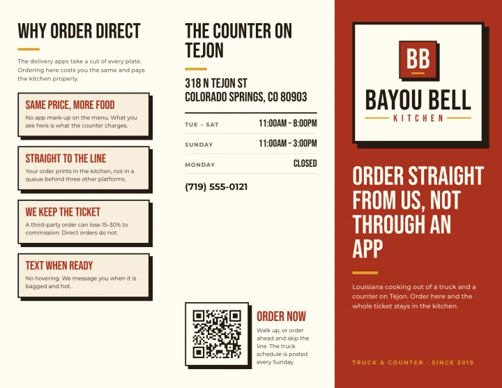 The outside of Bayou Bell Kitchen's menu tri-fold: the inside flap, the back cover and the front cover.