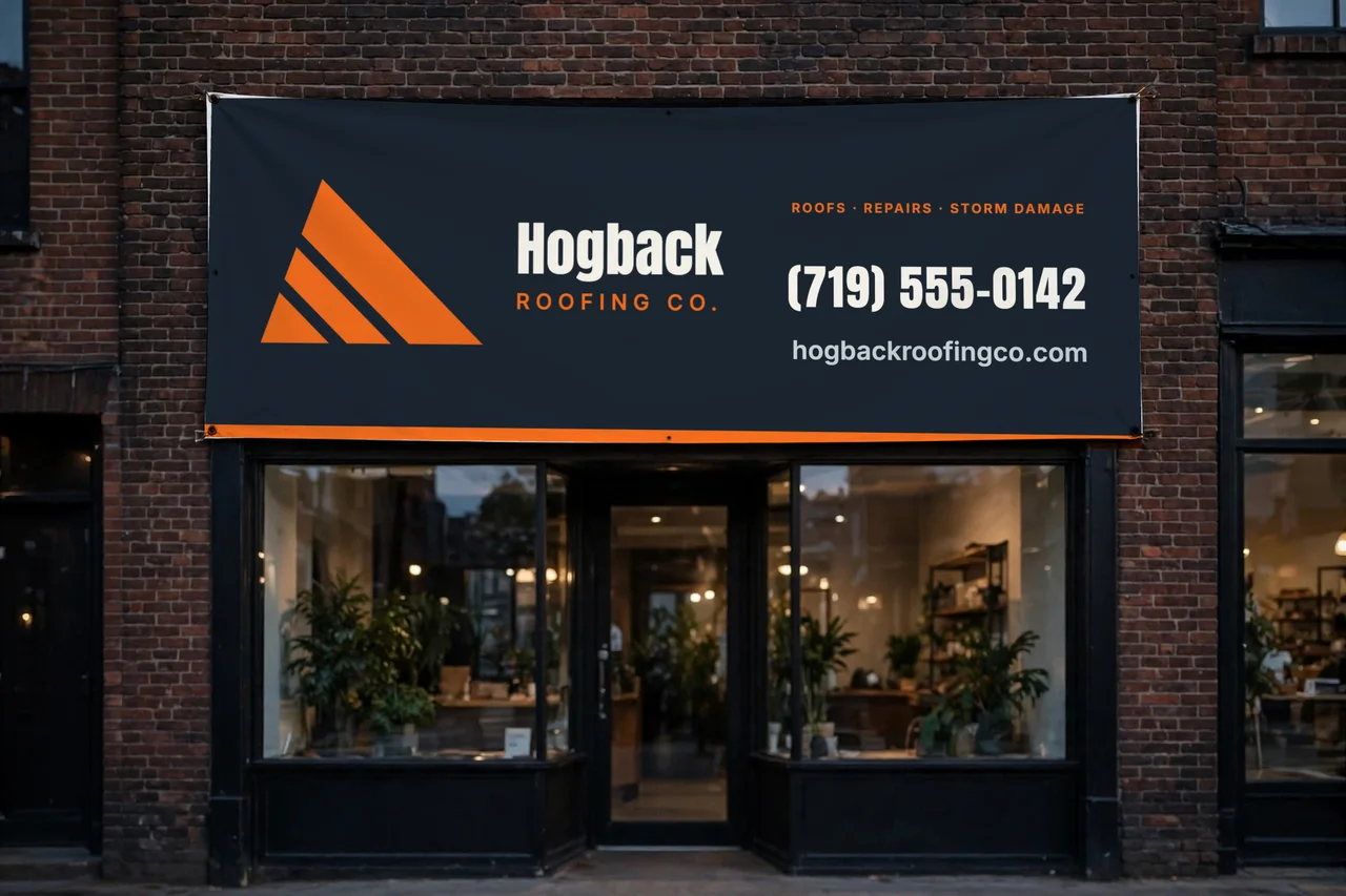 A dark Hogback Roofing Co. banner across a brick storefront, with the logo, the phone number and the website