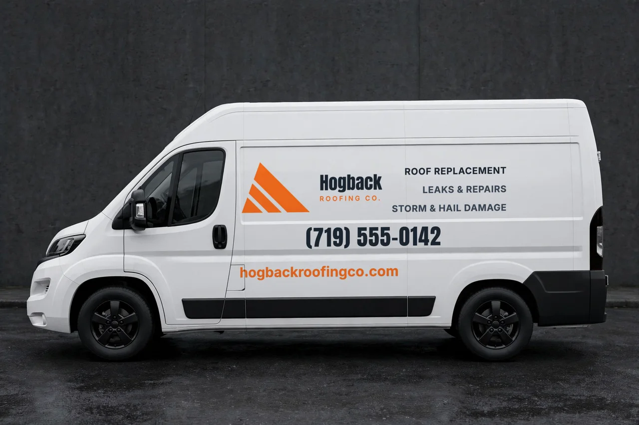 A white van lettered for Hogback Roofing Co.: the logo and services, the phone number, and the website