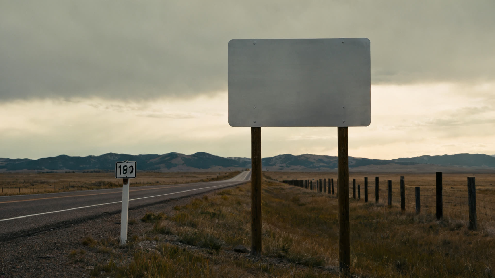 A blank highway sign on the Colorado plains, waiting for a name