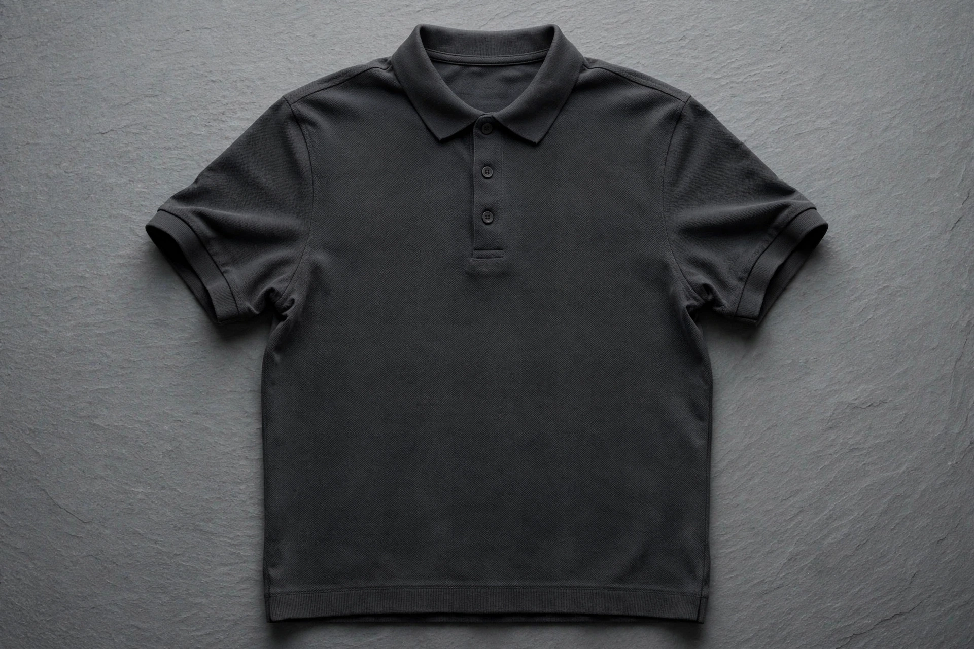 Plain dark charcoal polo shirt laid flat on grey slate
