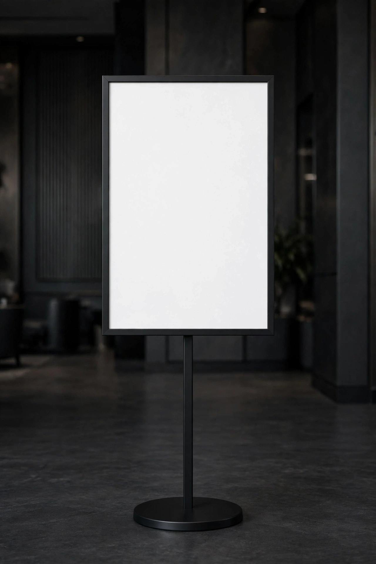 Floor poster stand holding a blank white poster in a slim black snap frame