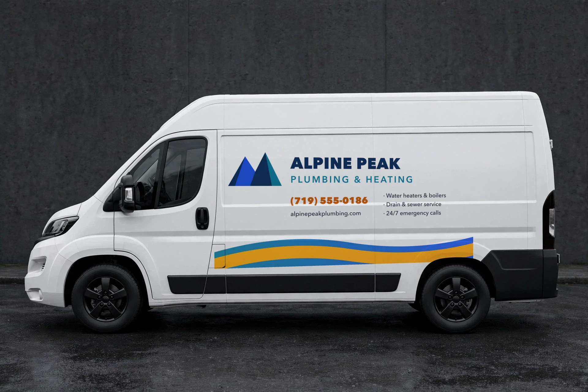 White work van with a complete fictional plumbing-company livery: logo, phone number, service list and website