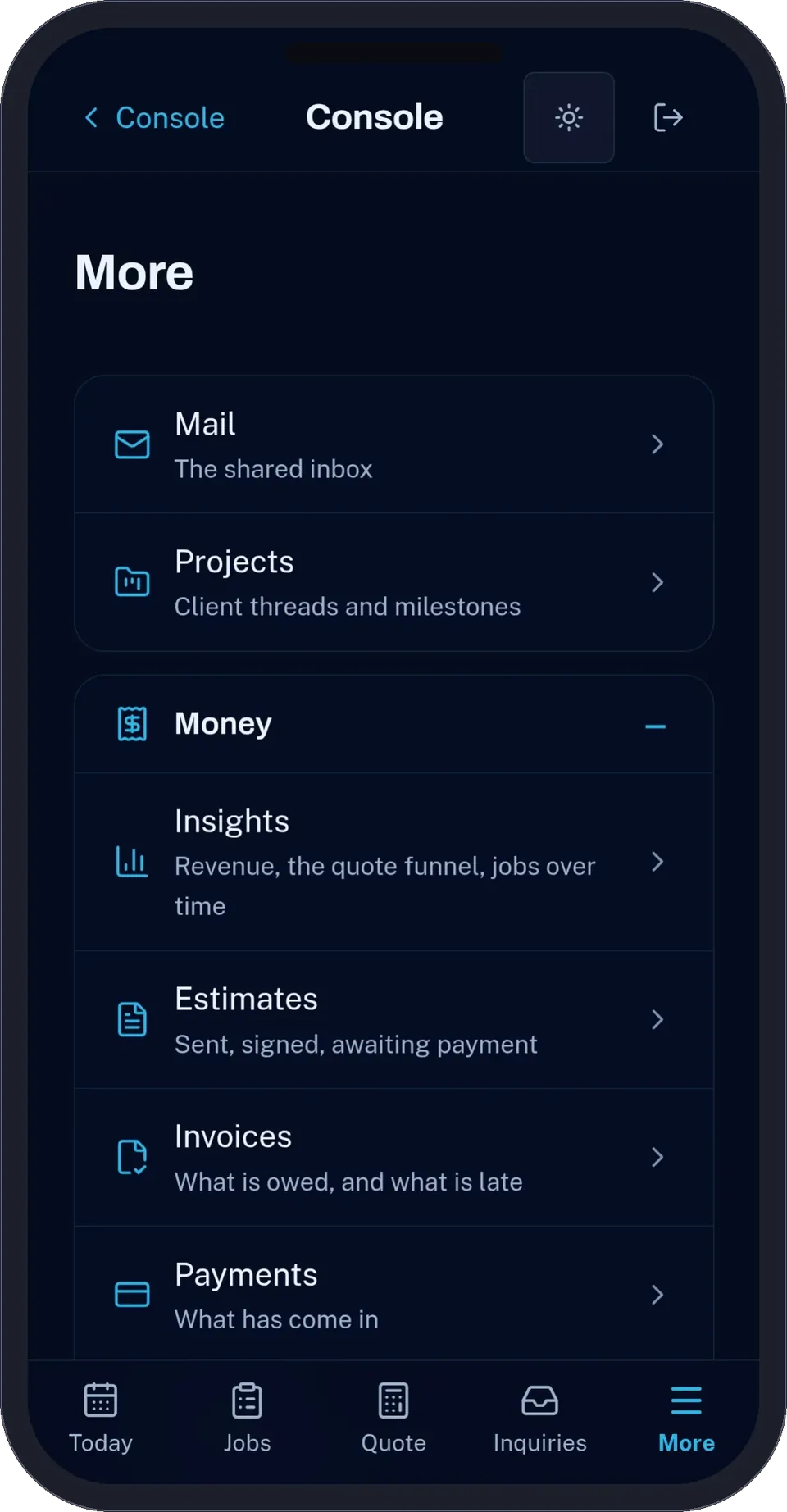 Clarity IAQ's console on a phone: estimates sent and signed, invoices owed, payments that have come in