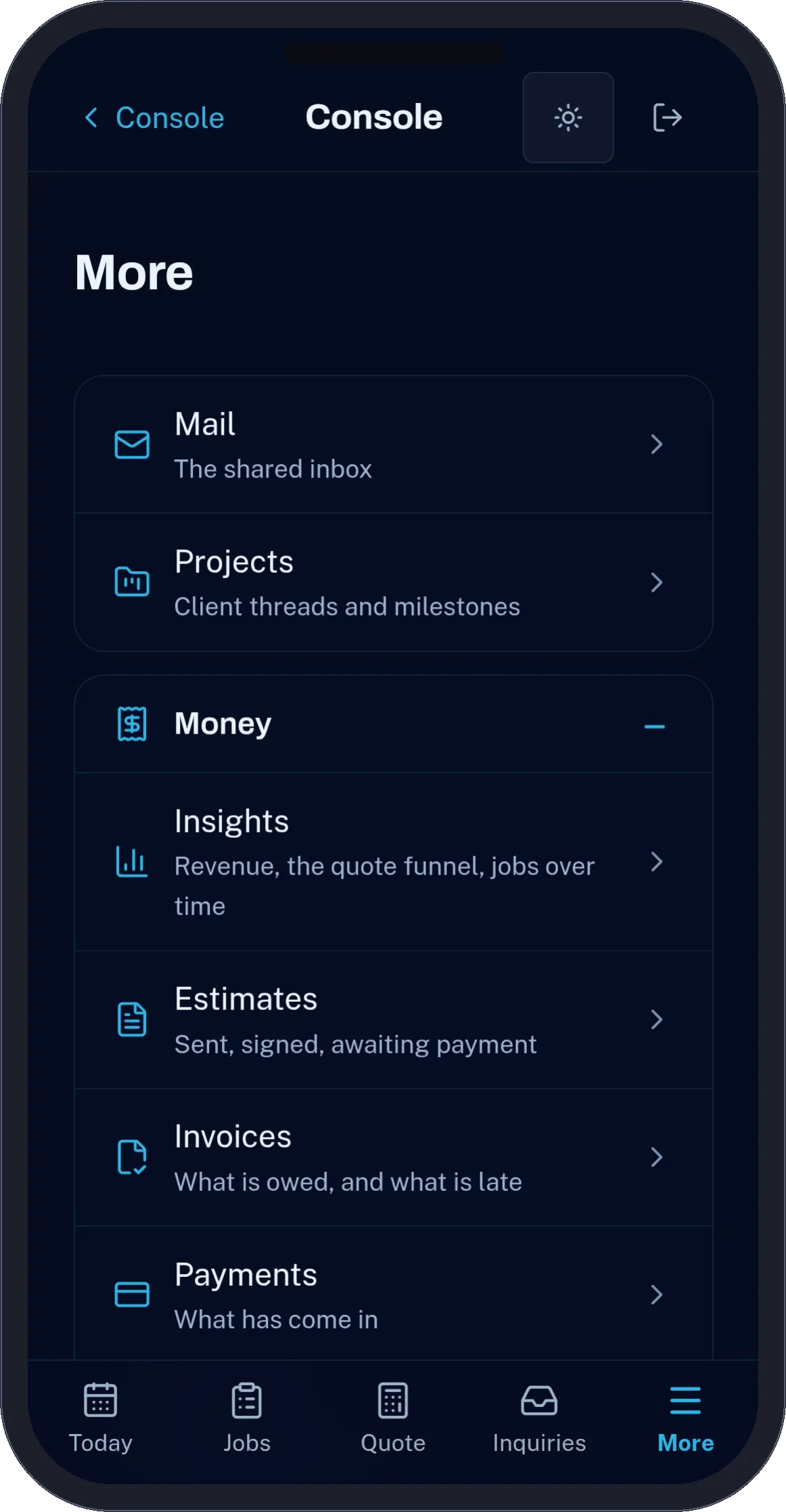 Clarity IAQ app, More menu: mail, projects and the Money group — insights, estimates, invoices, payments