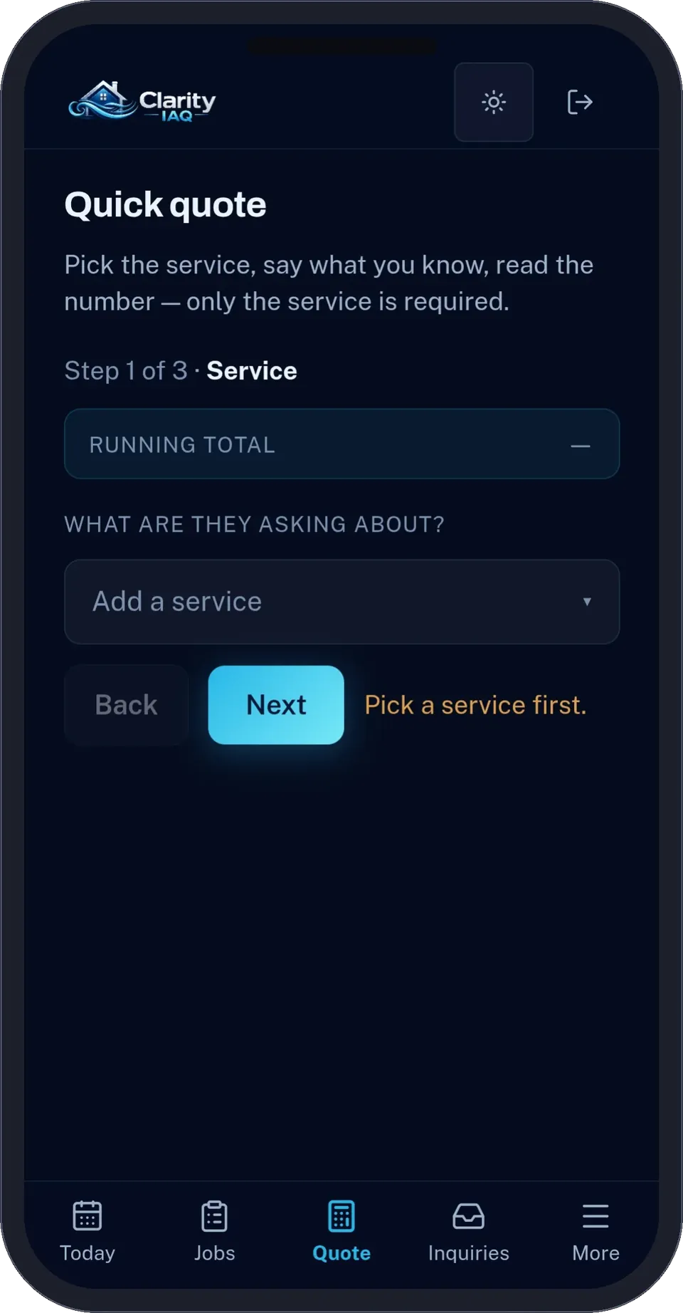 Clarity IAQ's quick quote on a phone: pick the service, and the running total builds as you answer