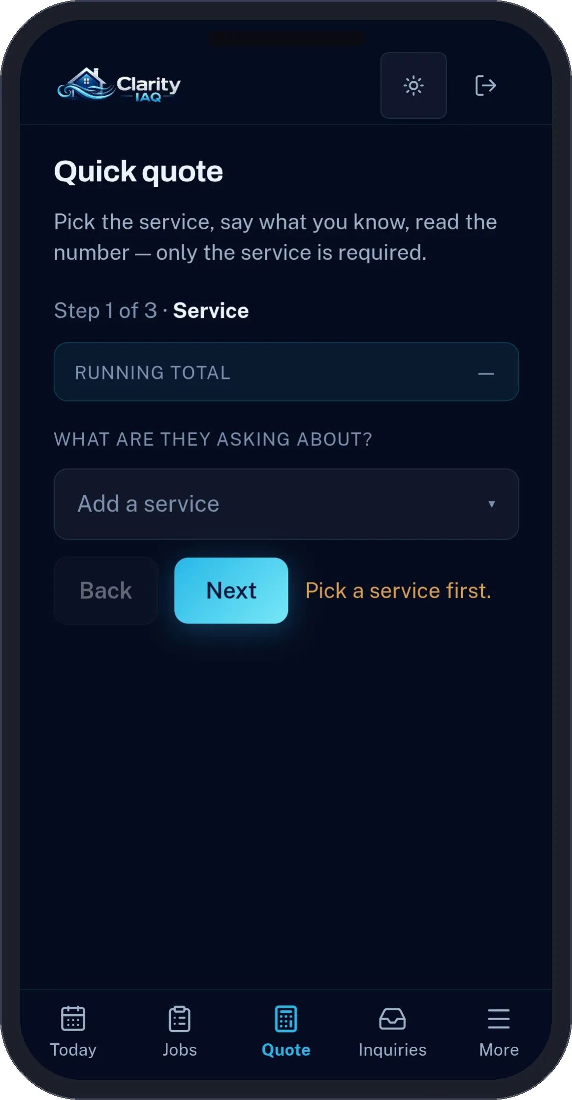 Clarity IAQ app, Quick quote step 1: pick the service
