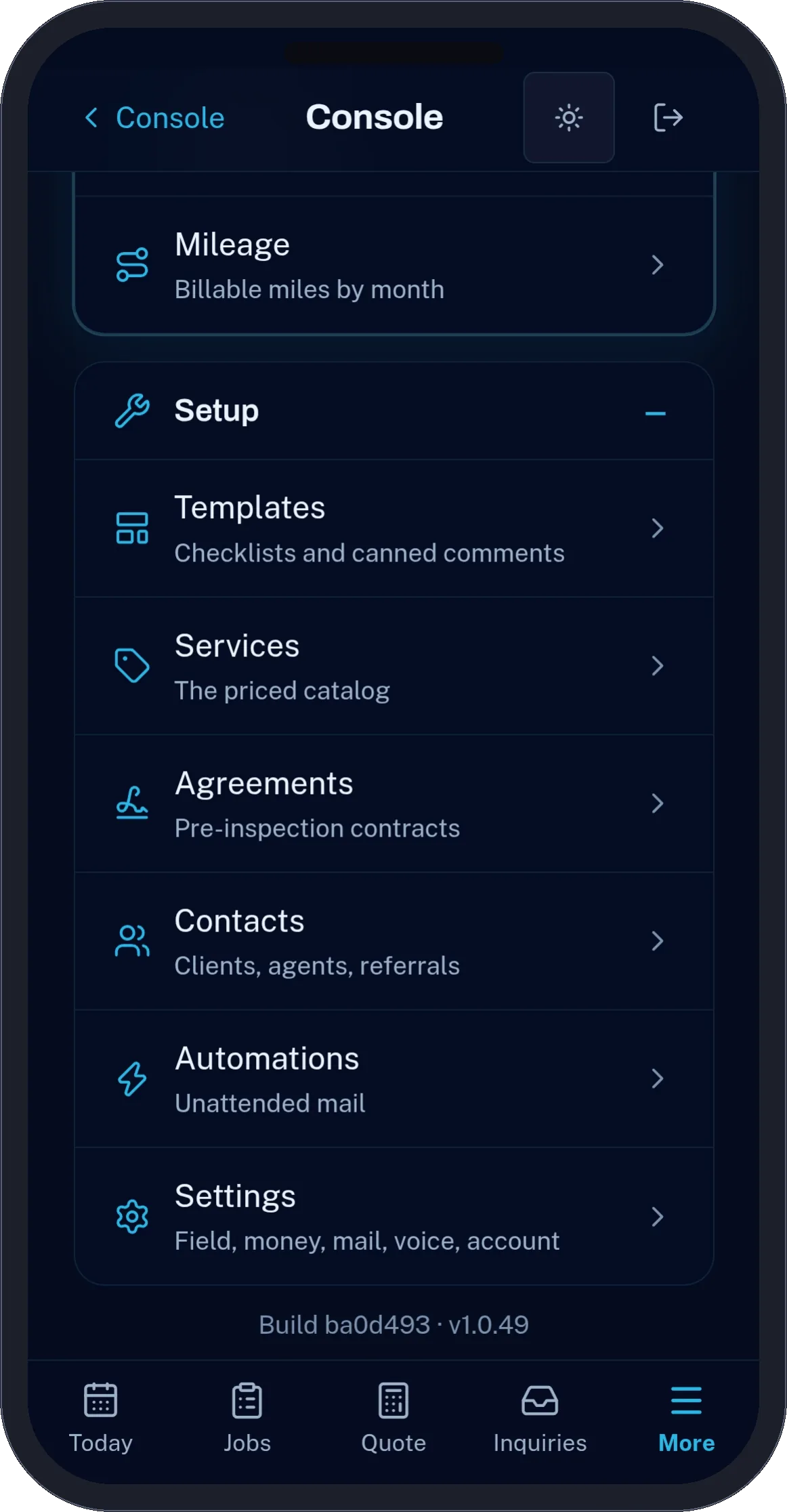 Clarity IAQ app, Setup menu: templates, services, agreements, contacts, automations, settings