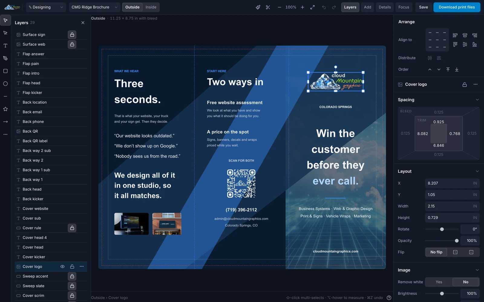 CloudEasel editing a tri-fold brochure with trim and bleed guides, and the inspector showing fill, spacing and layout controls
