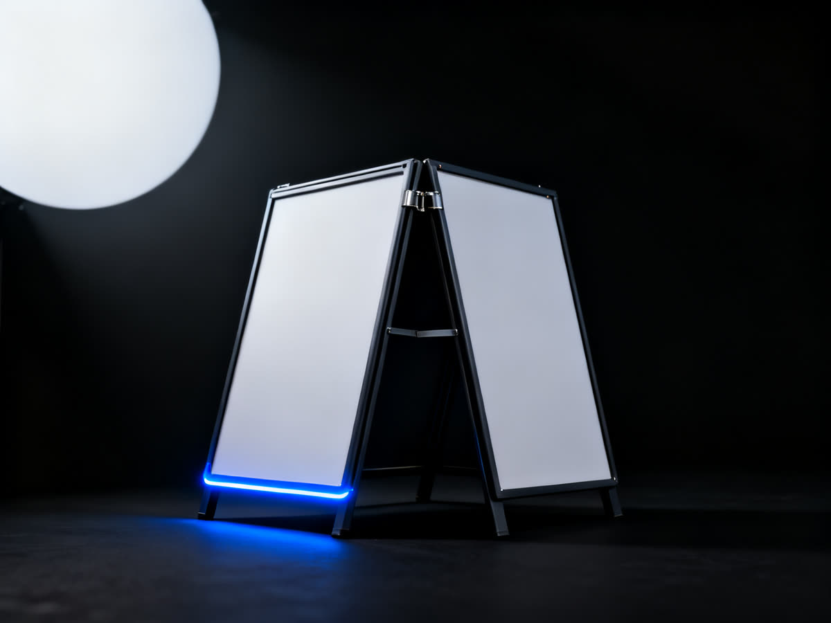 Folding A-frame sidewalk sign, studio lit