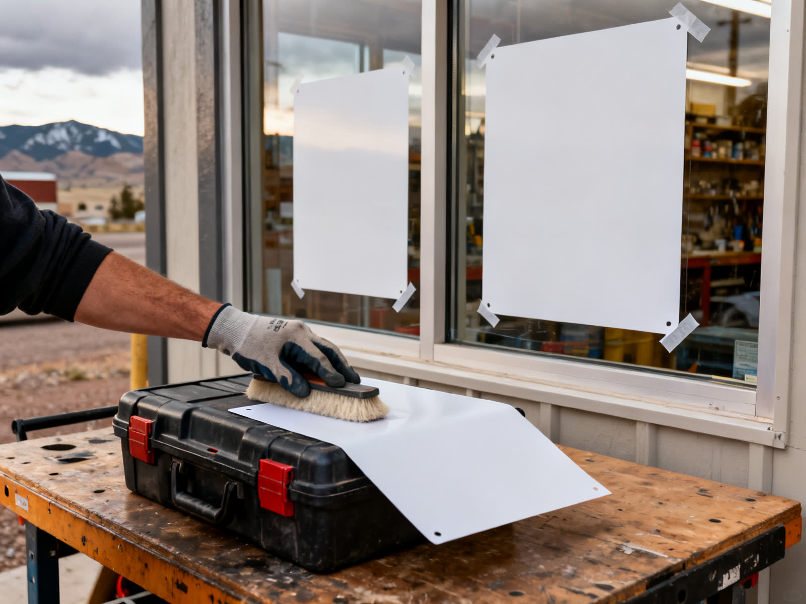 Blank decals being applied at a shop window with a felt squeegee