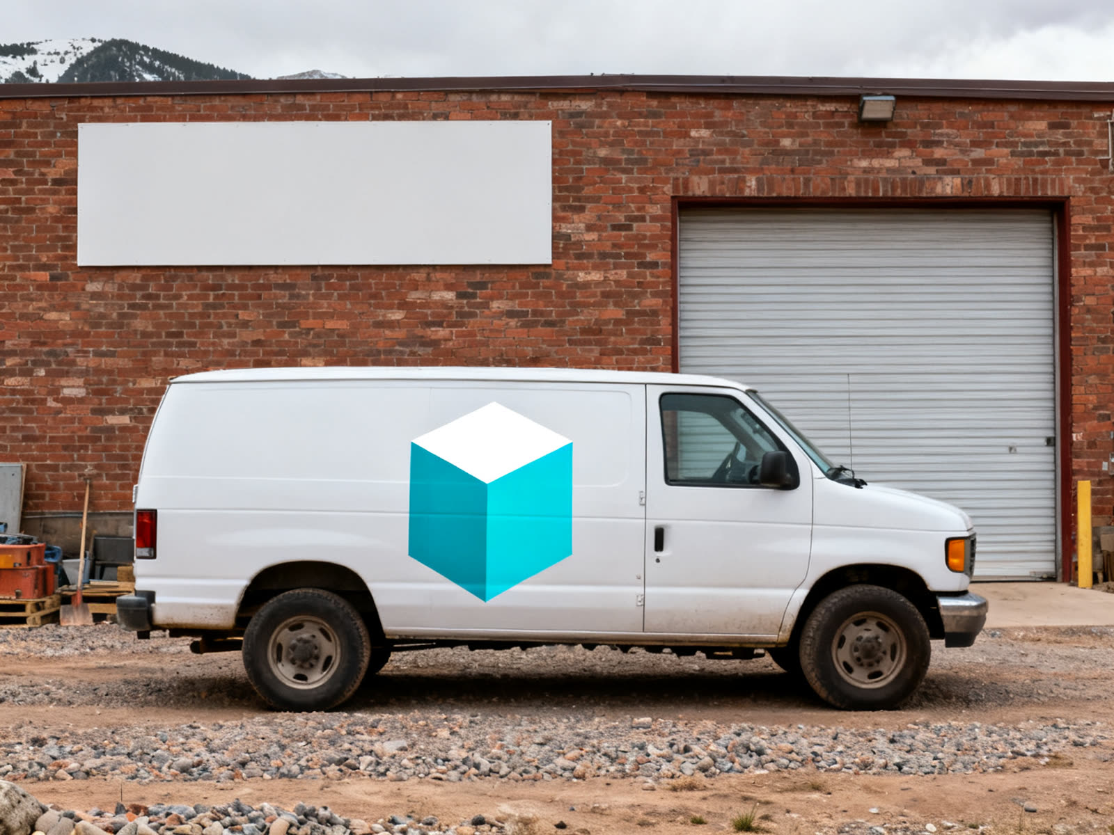 Work van with a blank wrap panel in a gravel contractor lot