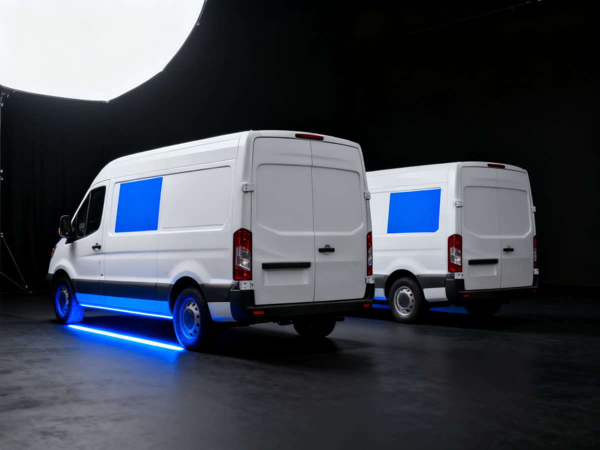 Row of delivery vans with matching blank decal panels