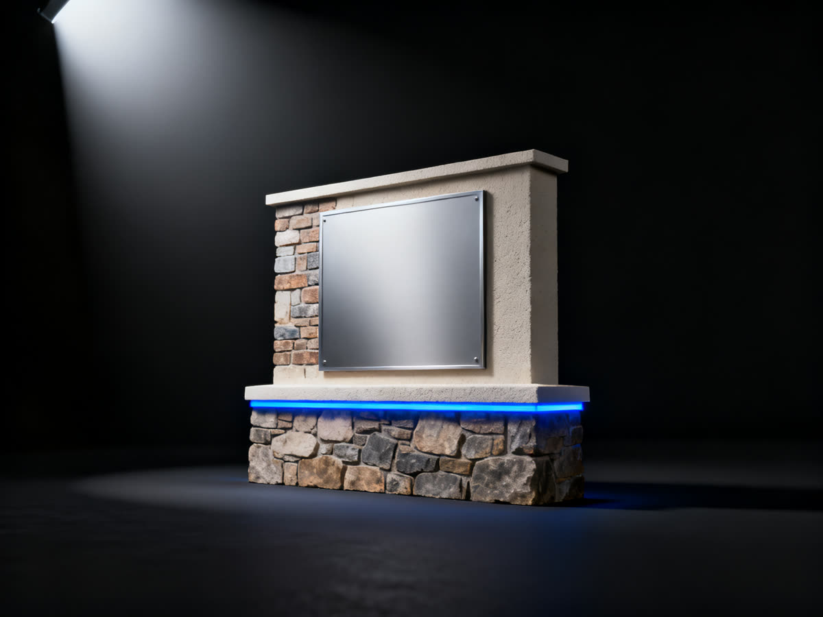 Monument sign base of stone with a blank panel inset