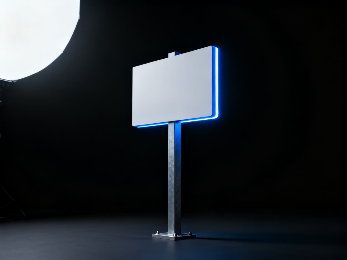 Post-and-panel property sign, studio lit