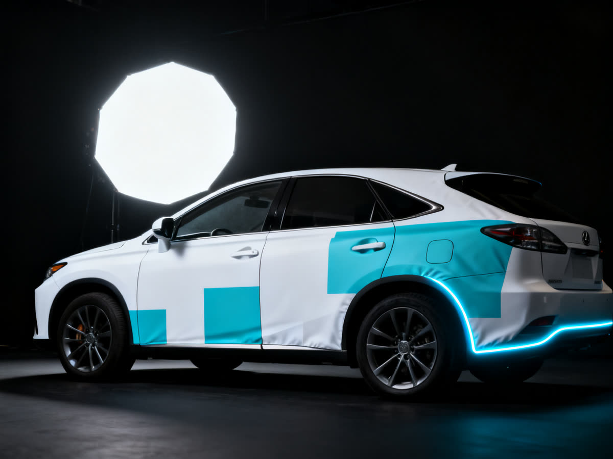 Car quarter panel wrapped in smooth vinyl with an abstract block
