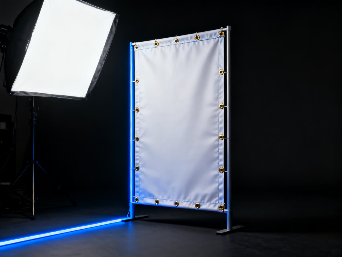 Hemmed vinyl banner with brass grommets, studio lit