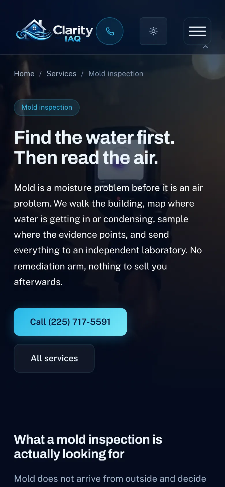 Clarity IAQ’s mold-inspection page on a phone: “Find the water first. Then read the air.”, what the inspection looks for, and the call button in reach.