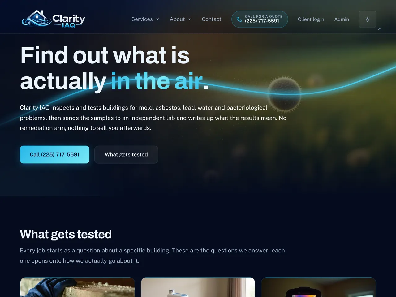 Clarity IAQ’s website on a tablet: the page that earns the first call, with the services and the booking route above the fold.