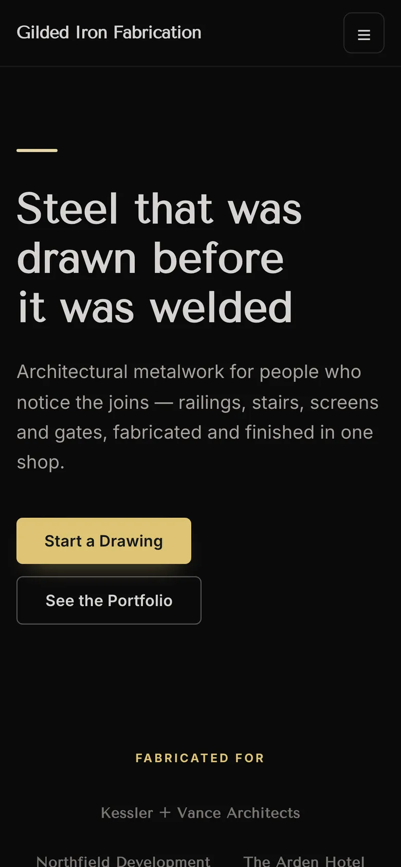 An example metal fabricator site on a phone: charcoal navigation over a gold field, nothing in common with the tablet beside it.