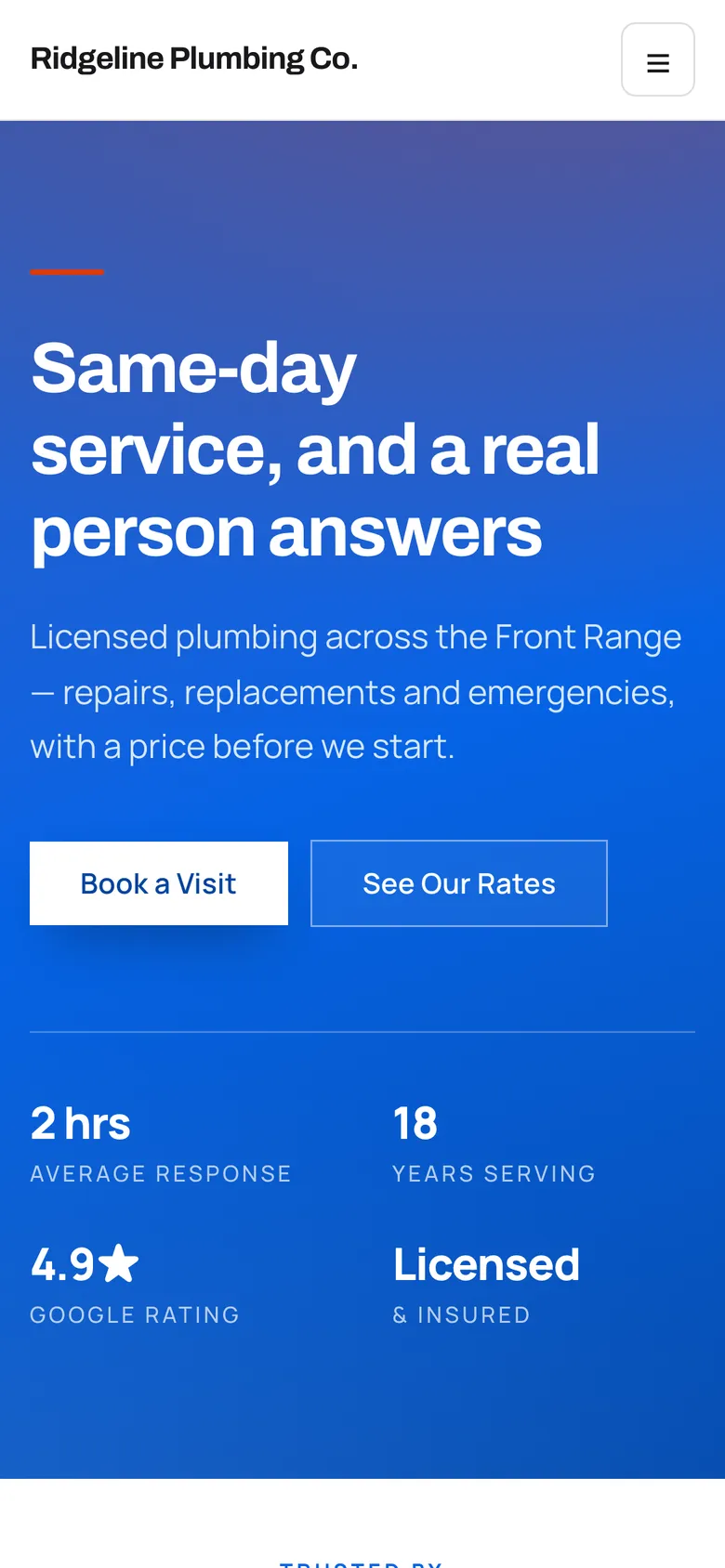 The same example plumbing business on a phone: the site, sized for a hand.
