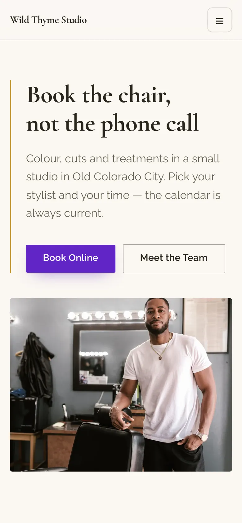 An example salon site on a phone, proofed from the same system before anything prints.