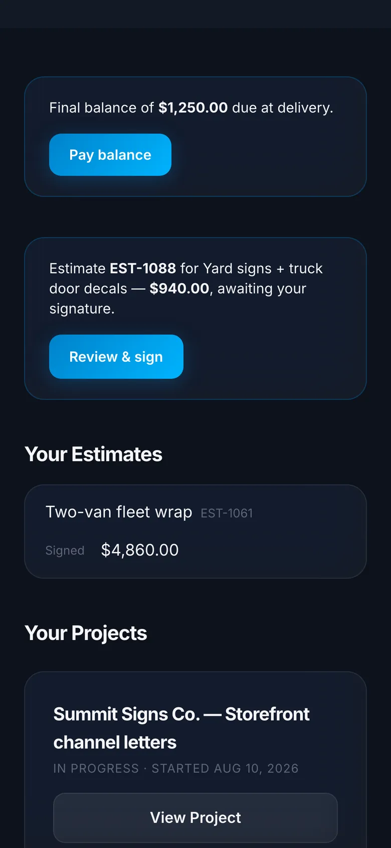 The same example sign company’s client portal on a phone: a balance due, an estimate awaiting signature, and the two projects in flight.