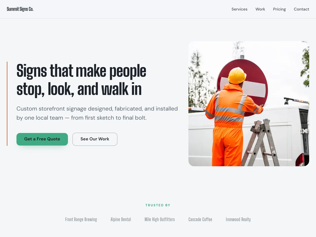 An example sign company website on a tablet: a headline over a green field, a quote button and a row of client names.