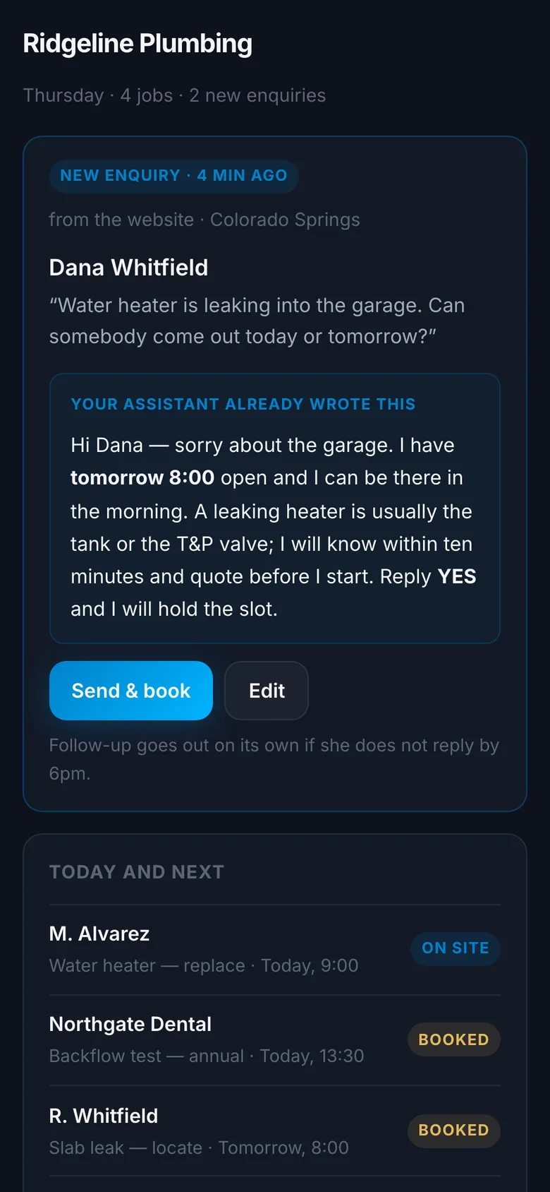 The same moment on the owner’s phone: the new enquiry, the written reply, and one button to send it and book the job.