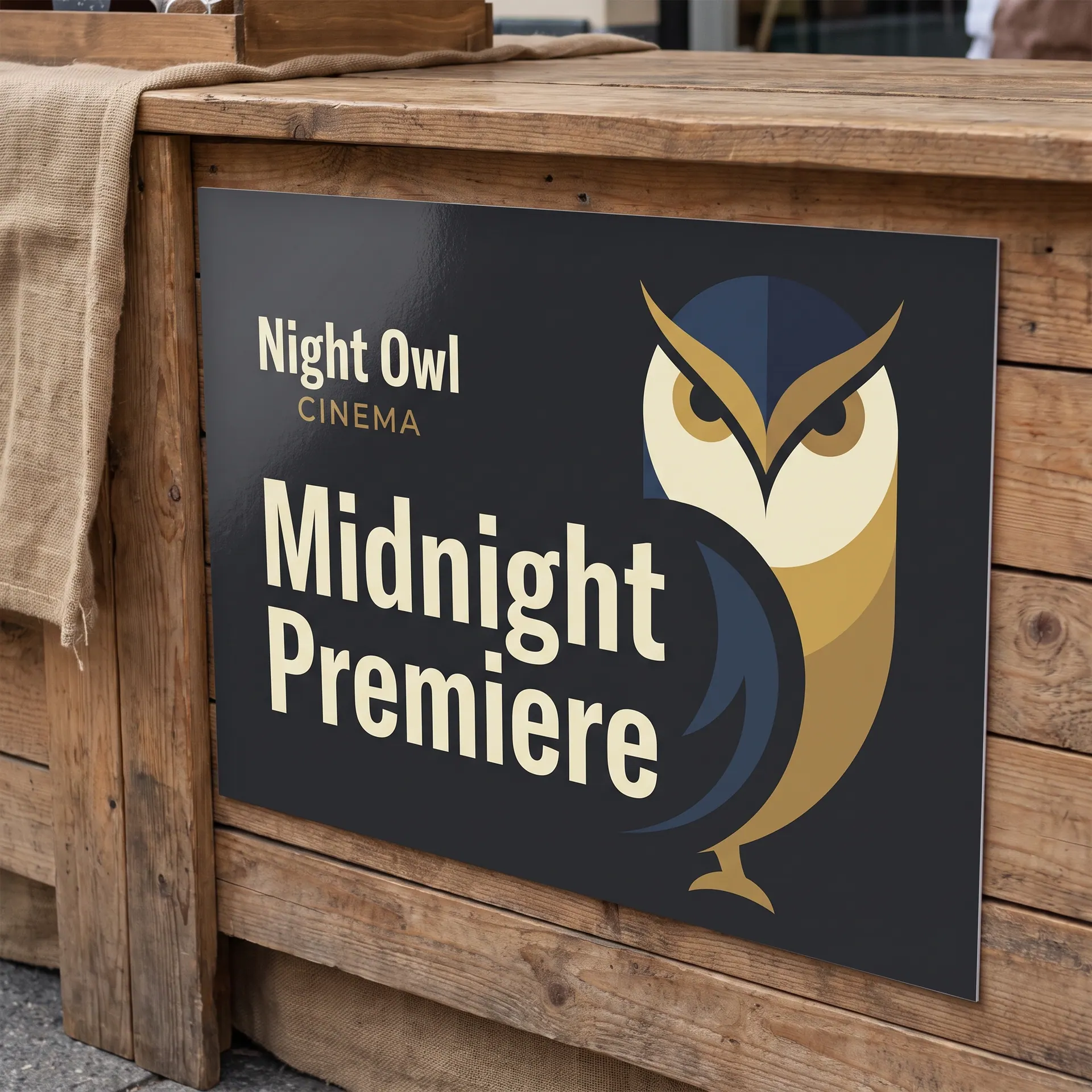 24 x 36 inch full-colour printed adhesive vinyl graphic with a gloss laminate, applied smooth and bubble-free, shown with a sample design: on the front panel of a wooden market stall counter