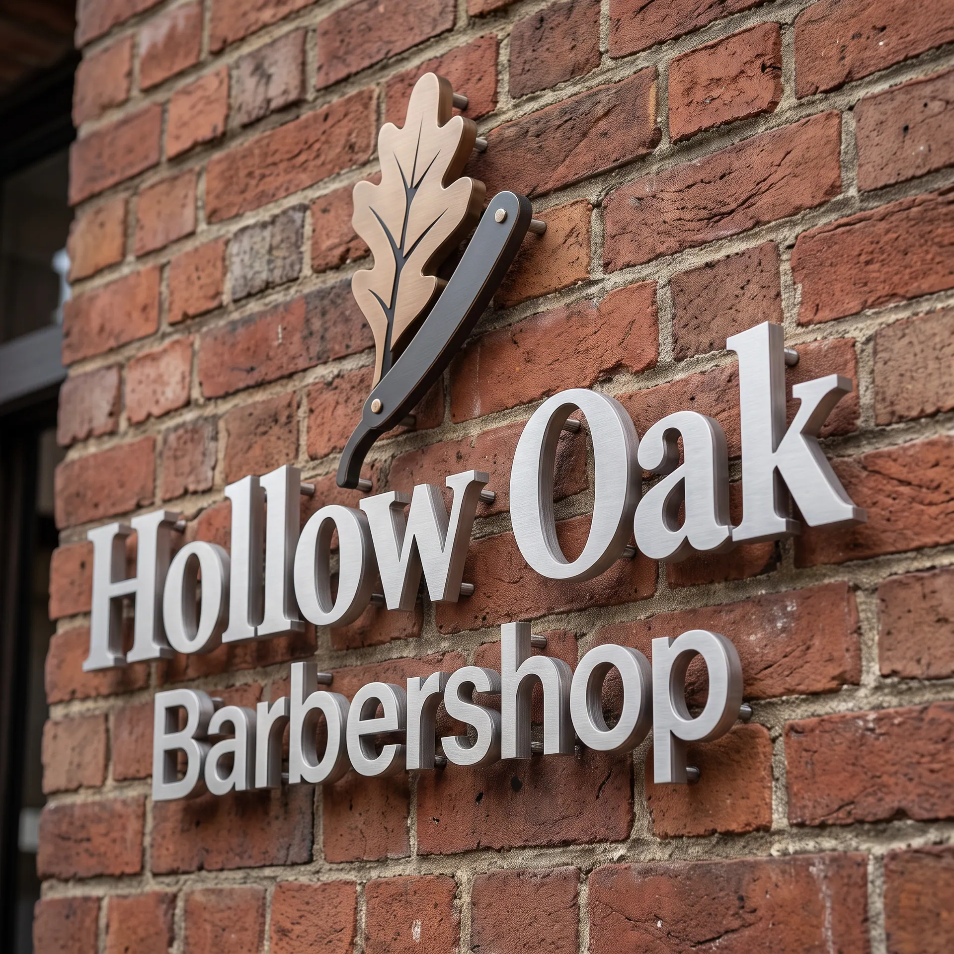 Non-illuminated dimensional letters cut from brushed aluminium, mounted on studs so they stand off the wall and cast soft shadows, shown with a sample design: on the brick facade above an office entrance