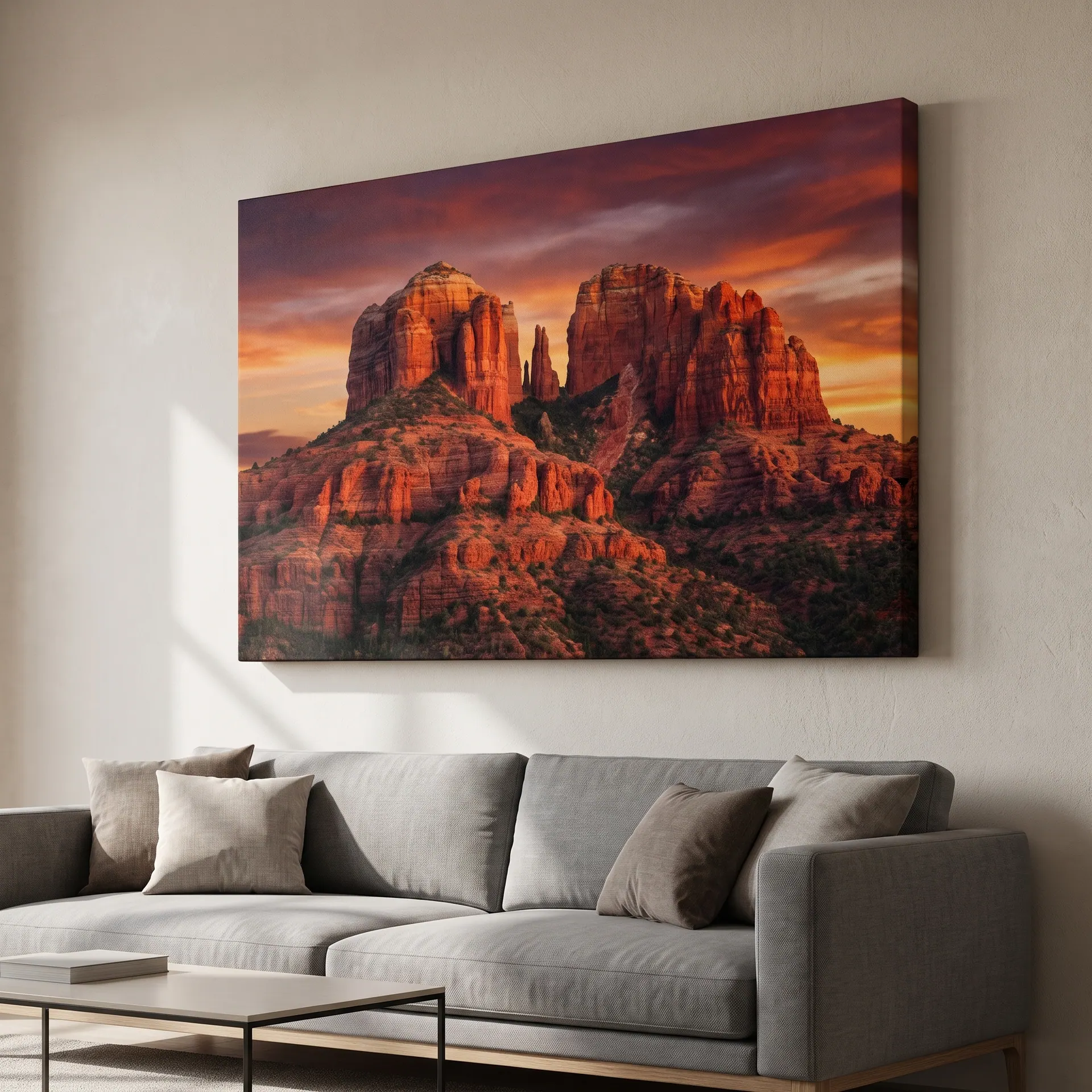 Gallery-wrapped printed canvas on a deep stretcher frame, the image wrapping around the edges, shown with a sample design: on a living room wall above a sofa