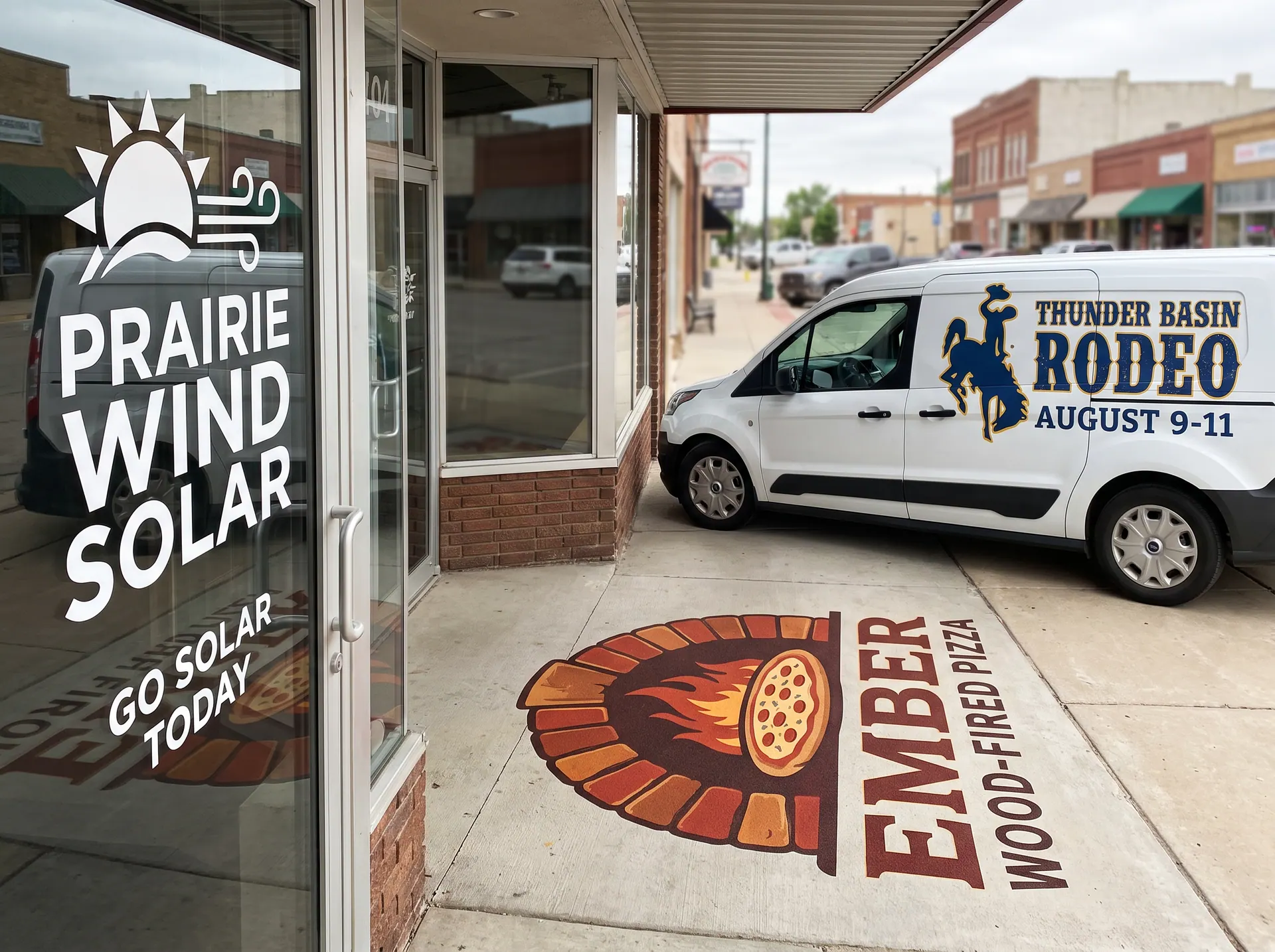 Cut vinyl lettering on a shop door, a floor graphic at an entrance and reflective graphics on a van along a main street
