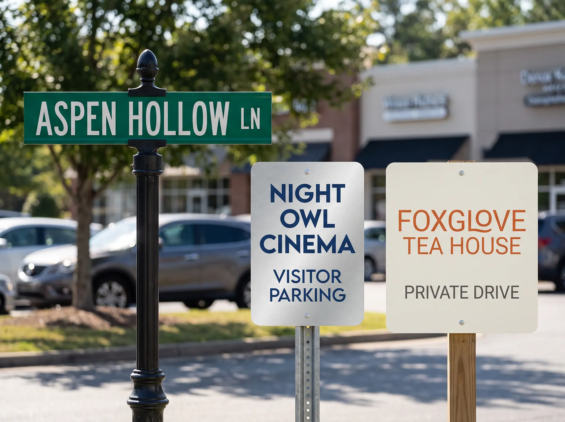 A custom street name blade on a decorative post and two reflective property signs at a community entrance