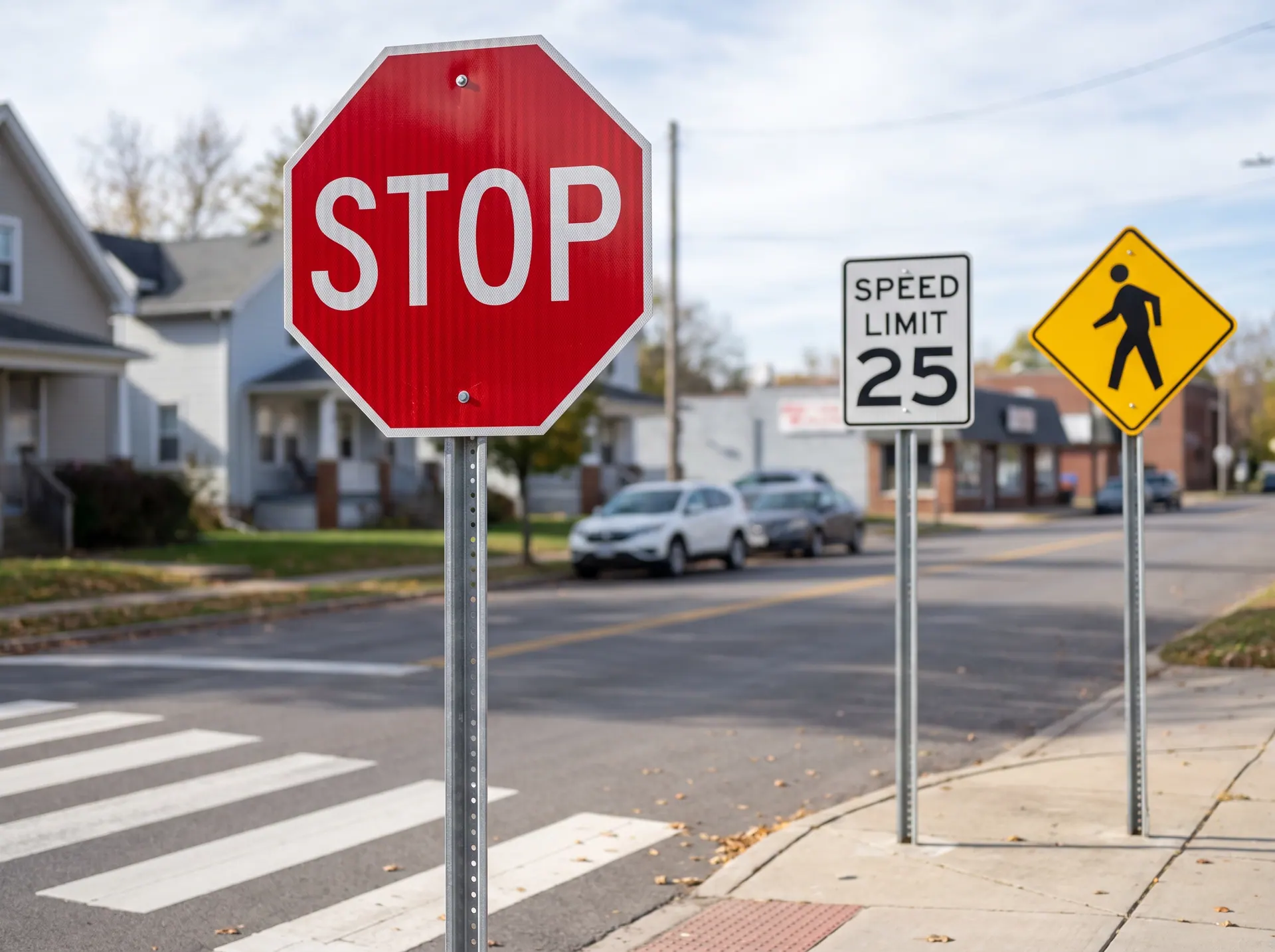 A stop sign, a speed limit sign and a pedestrian crossing sign on galvanised posts at a residential intersection
