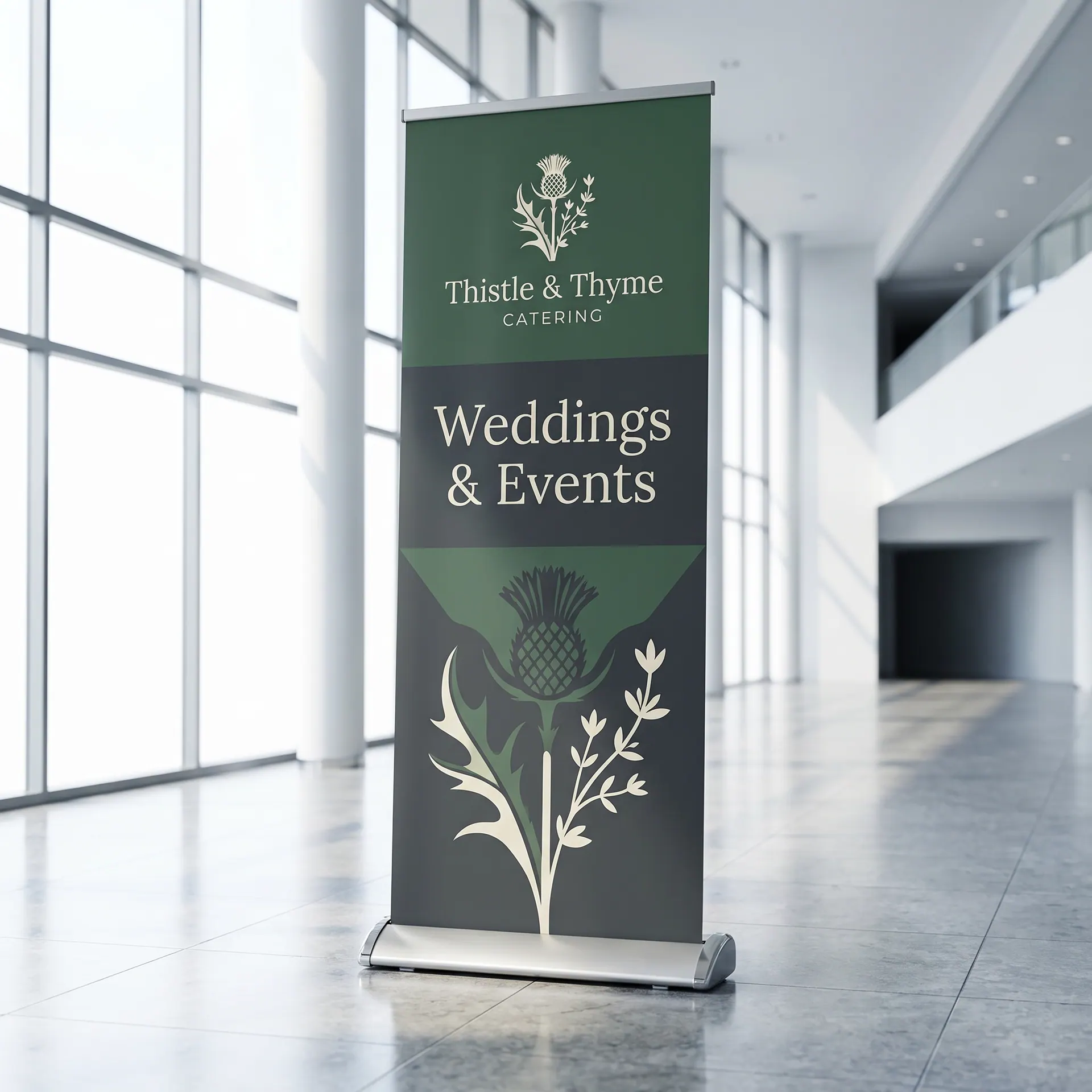 Deluxe retractable banner stand with a wide, heavy chrome-finish base and a printed graphic, 33″ × 81″, shown with a sample design: in a bright glass office lobby