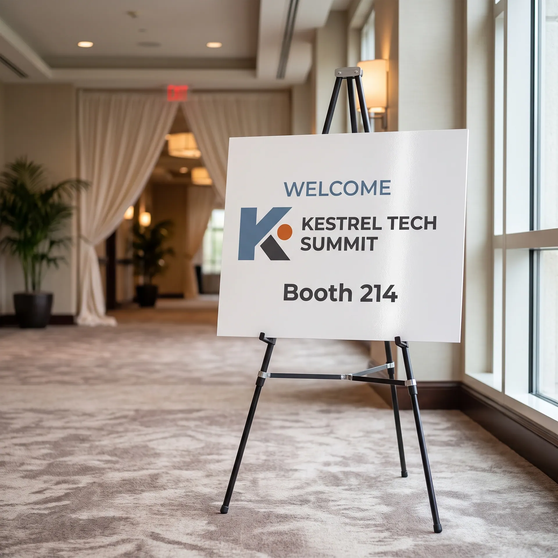24 x 36 inch printed foam core presentation board with clean trimmed edges, standing on a black easel, shown with a sample design: at the entrance to an event in a hotel ballroom foyer