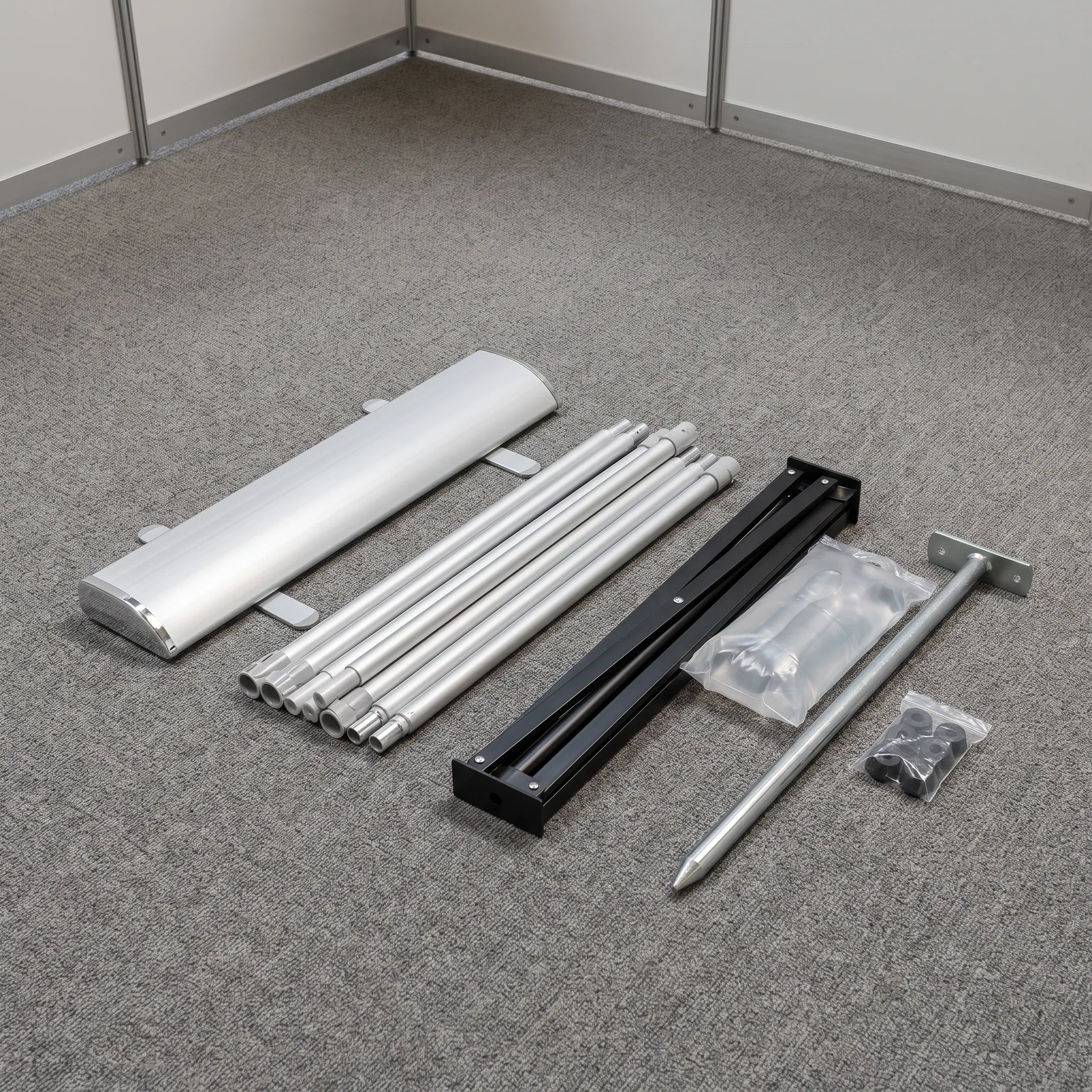 Replacement display hardware laid out neatly: a retractable banner stand base, aluminium pole sections, a black steel cross base with a water bag, a ground stake and spare feet: on the carpet of a trade show booth during setup
