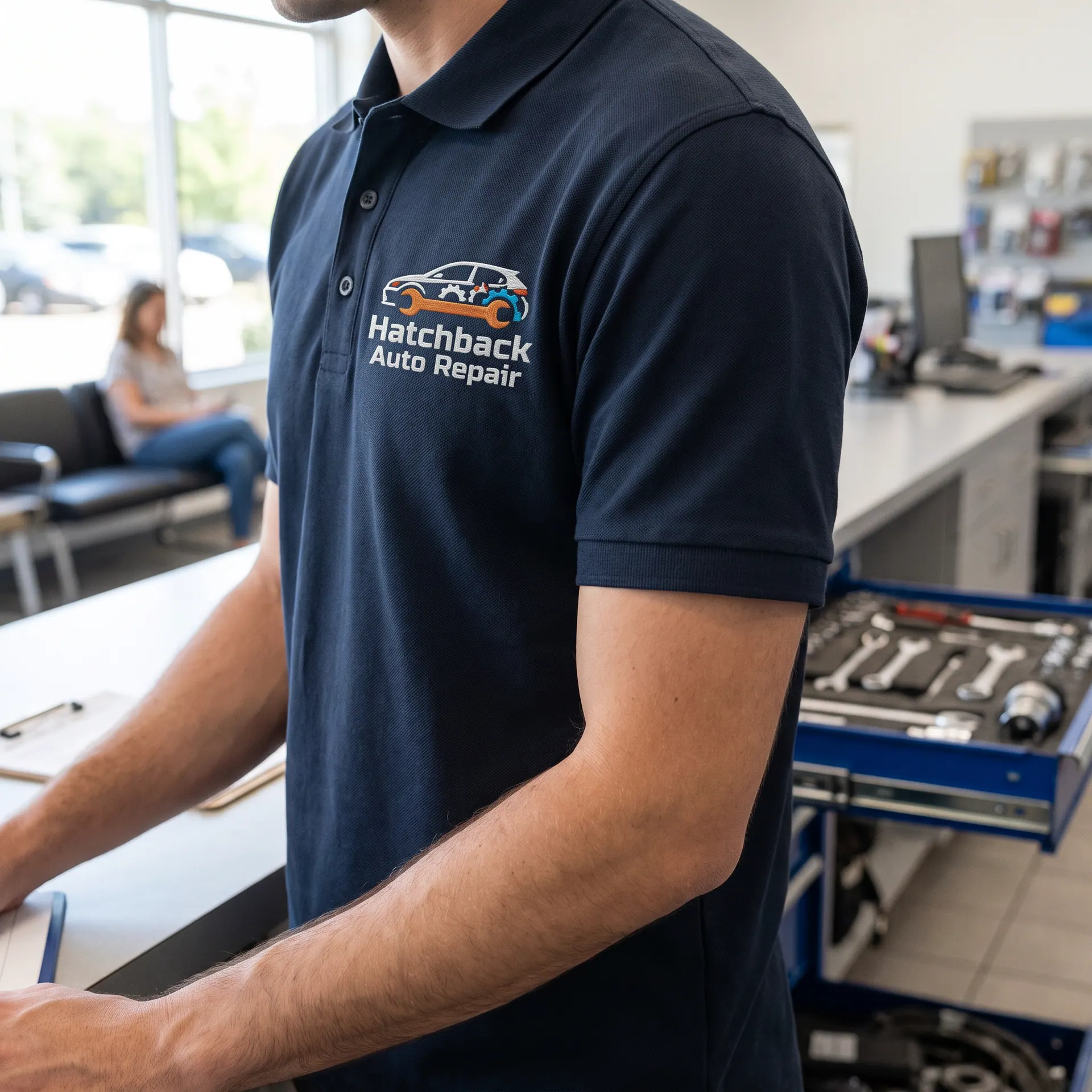 Dark navy pique polo shirt with a left-chest logo embroidered in thread about 3.5 inches wide, the stitch texture visible, left-chest logo, shown with a sample design: worn by a staff member at the service counter of an auto repair shop, seen from the side with the face out of frame