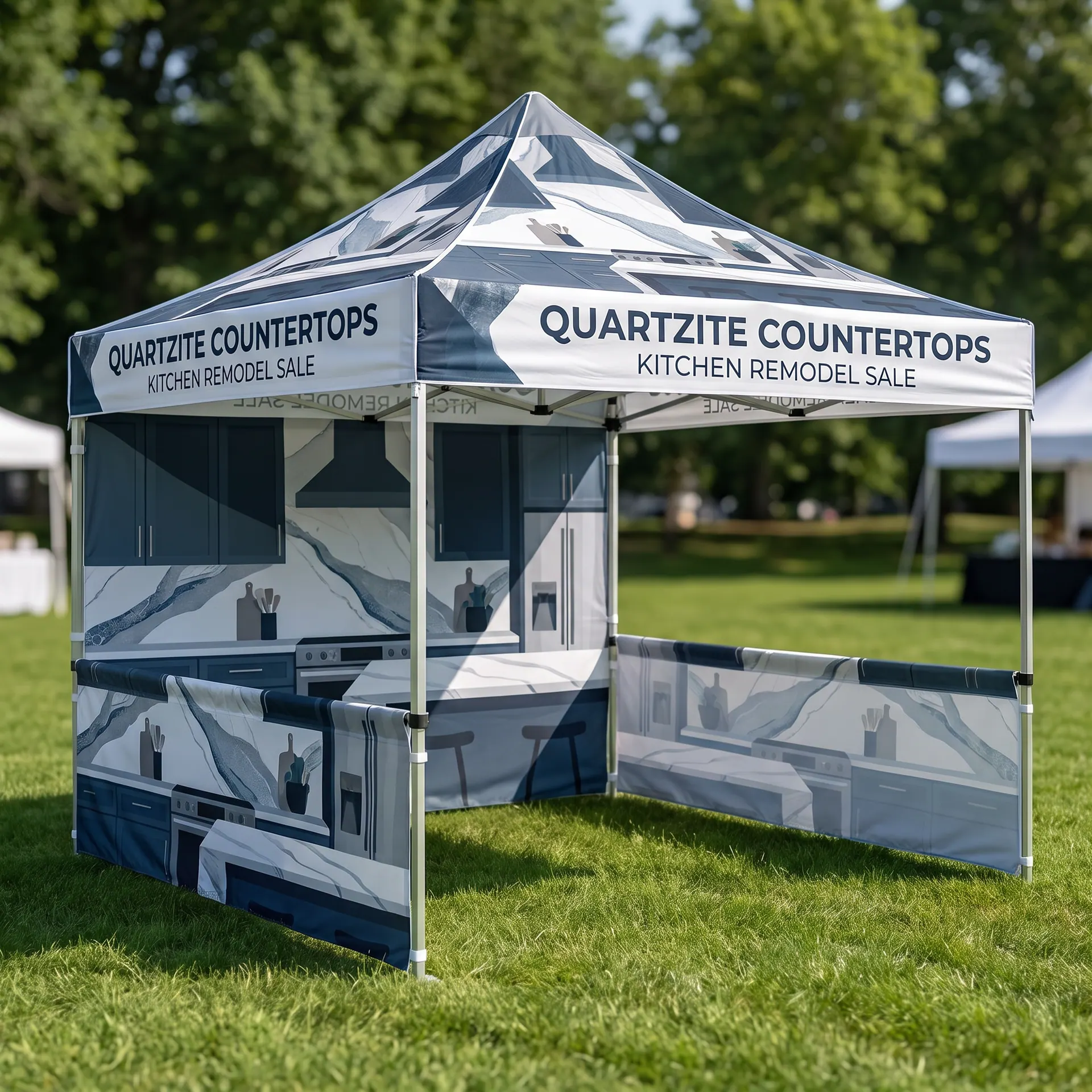 10 x 10 ft pop-up event canopy tent with a printed canopy and valances on a steel frame, shown with a sample design: at an outdoor festival on grass