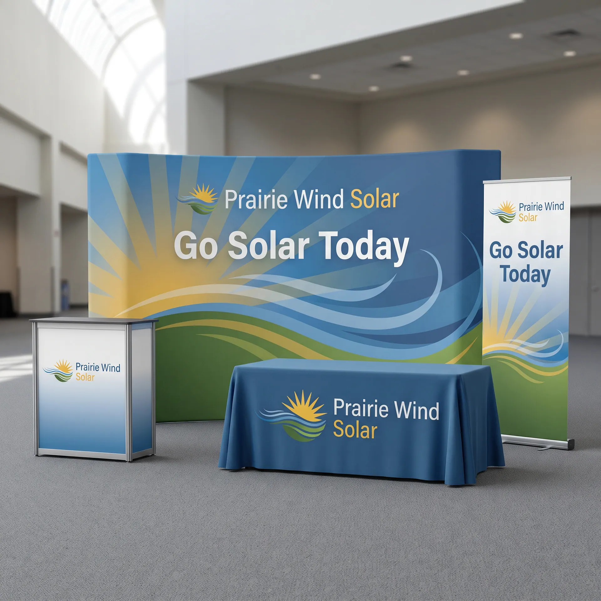 Complete 10 x 20 ft exhibit booth designed as one piece: a curved tension fabric backwall, a printed counter, a retractable banner stand and a fitted table throw, all in the same design, shown with a sample design: in a convention hall aisle