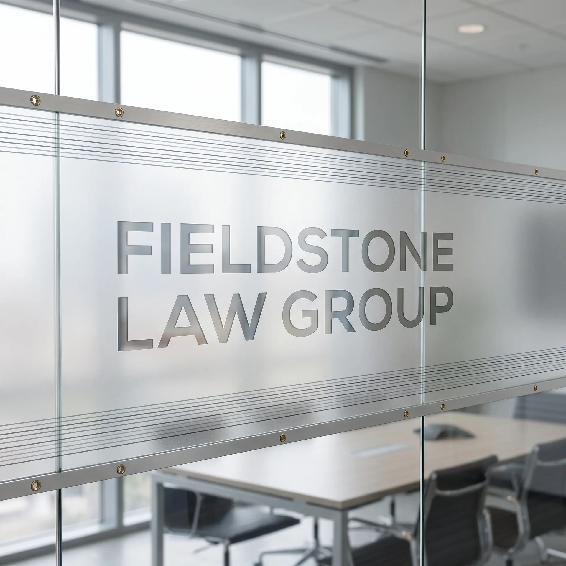 Frosted etched-glass look vinyl privacy band across a glass office wall, with the business name cut out clear, 2 ft × 4 ft, shown with a sample design: on the glass wall of a conference room in a modern office