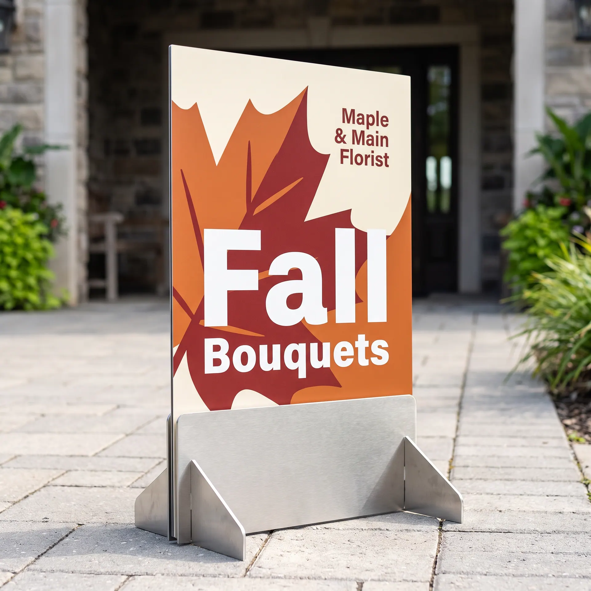 24 x 36 inch printed rigid panel standing upright in a black steel M-shaped floor base, the base's splayed feet visible on the ground, no stakes; the panel has flat clean edges with no grommets, eyelets or holes, shown with a sample design: on the paved walkway outside an event venue entrance