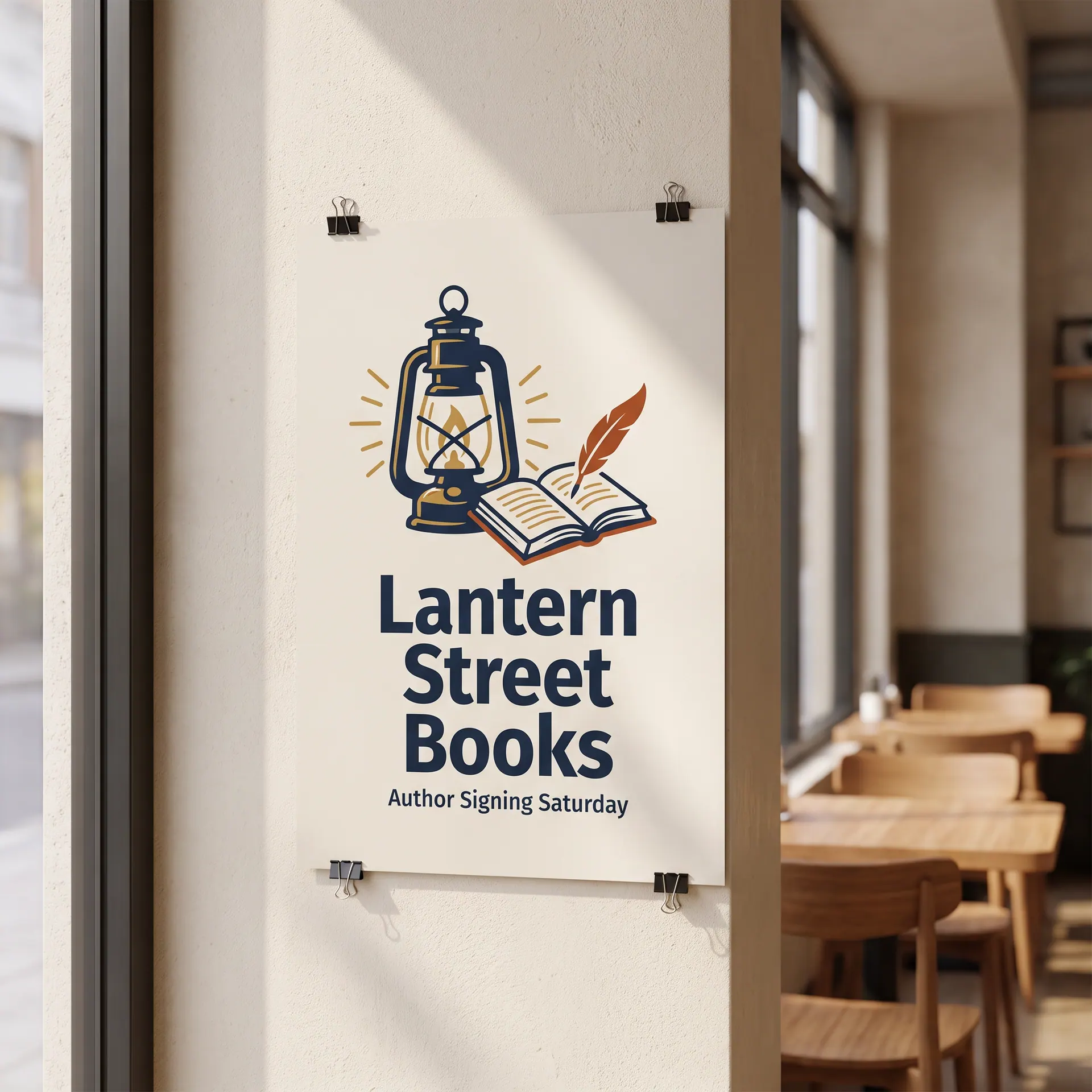 18 x 24 inch poster printed on photo poster paper, shown with a sample design: on a cafe wall beside a window, held with small black clips