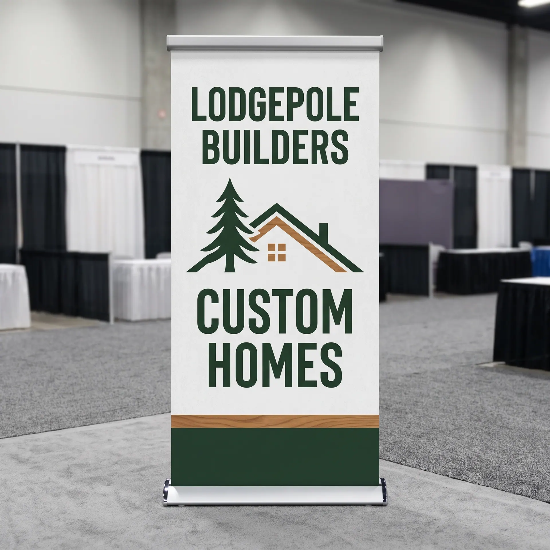 Premium wide retractable banner stand, 47 inches wide and taller than a person, with a heavy base and a printed graphic, shown with a sample design: at a convention hall booth
