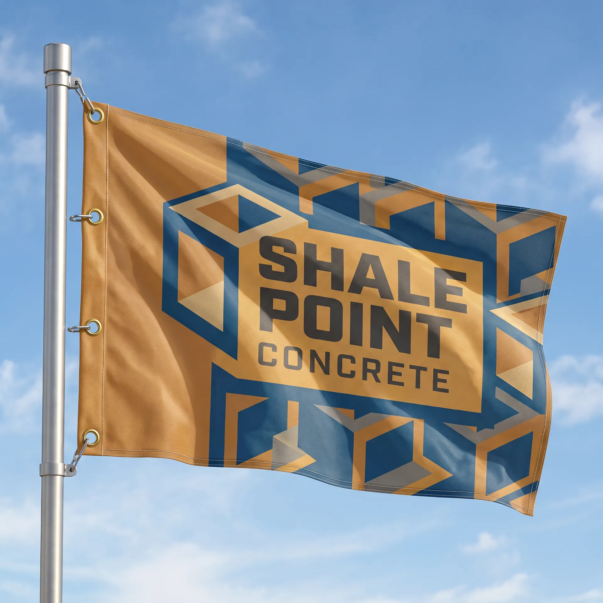 2 x 4 ft piece of printed polyester flag fabric with unfinished edges, softly draped, shown with a sample design: over a cutting table in a sewing room